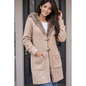 Donna Salyers Fabulous Furs Hooded Cable Knit Duster Coat Wool Blend Faux Fur S